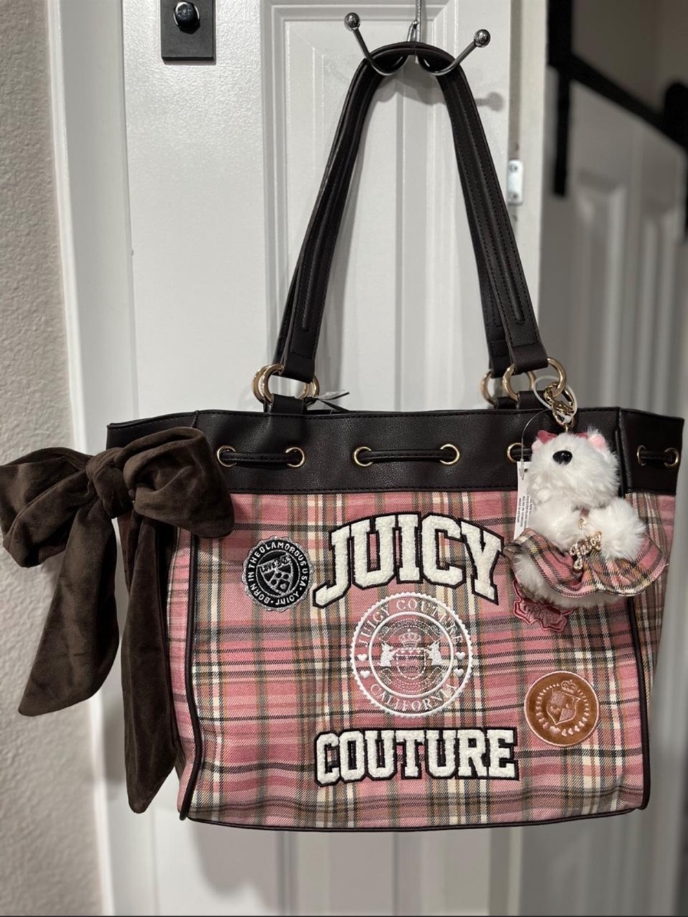 Juicy Couture Pink Plaid Tote with Brown Trim and scottie dog Charm